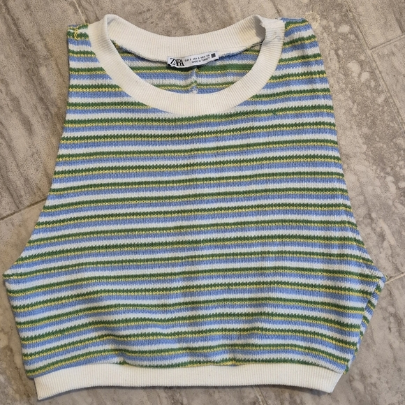 Zara Blue and Green Striped Muscle Tee - Picture 1 of 4